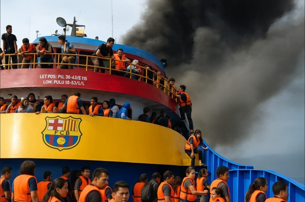 Kebakaran Kapal Motor (KM) Barcelona VA di perairan Pulau Talise, Minahasa Utara, Sulawesi Utara, pada Minggu siang (20/7). (Foto Istimewa/Humas Kemenhub)