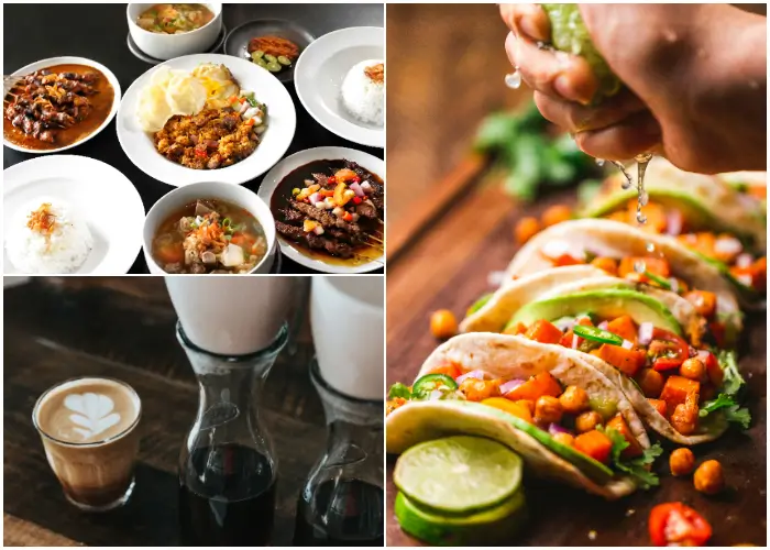 Kolase makanan Indonesia modern, tacos plant-based, dan coffee shop aesthetic sebagai tren kuliner 2025. (unsplash.com/@briewilly,- @uyk, -@squareinc)