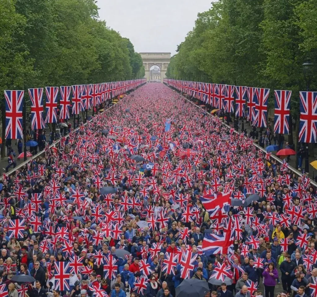 Demonstran membawa bendera Britania Raya. (x.com/Kanthan2030)