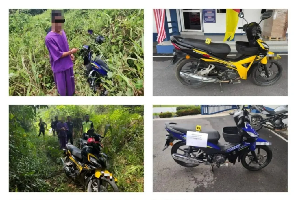 Polisi Sarawak menunjukkan barang bukti sepeda motor hasil curian oleh WNI