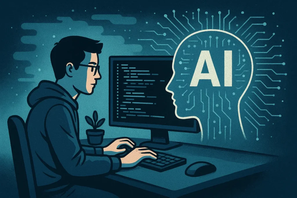 Ilustrasi programmer menggunakan AI untuk membuat kode dalam konsep vibecoding.