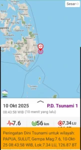 Peta peringatan gempa dan potensi tsunami dari BMKG menunjukkan area terdampak. (x.com/infomitigasi)