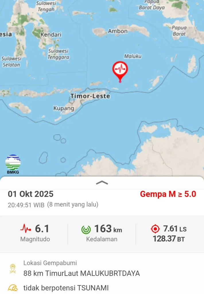 Peta BMKG lokasi episentrum gempa Maluku M6,1 kedalaman 163 km. (x.com/Gempa_Tsunami)