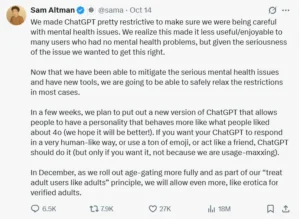 Tangkapn layar postingan Sam Altman CEO OpenAI mengumumkan kebijakan konten erotika di ChatGPT. (x.com/sama)