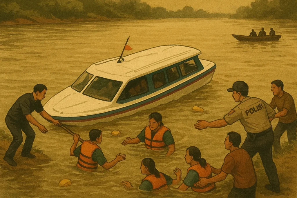 Ilustrasi - Petugas dan warga mengevakuasi speed penyeberangan yang tenggelam di Sungai Kapuas, Kubu Raya.