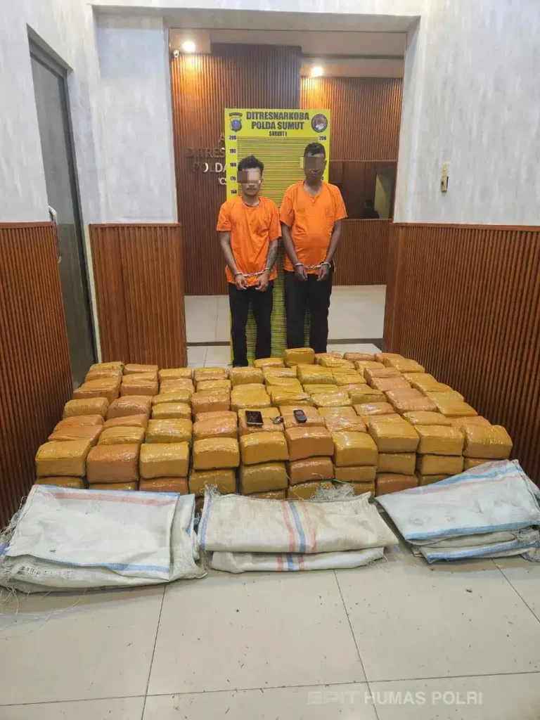 Petugas Ditresnarkoba Polda Sumut menunjukkan barang bukti 255 kilogram ganja yang disita dari dua kurir asal Aceh. (mediahub.polri.go.id)
