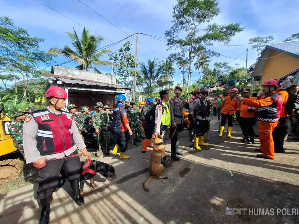 Personel Polda Jateng dan Unit K9 melakukan pencarian korban longsor di Banjarnegara. (mediahub.polri.go.id)