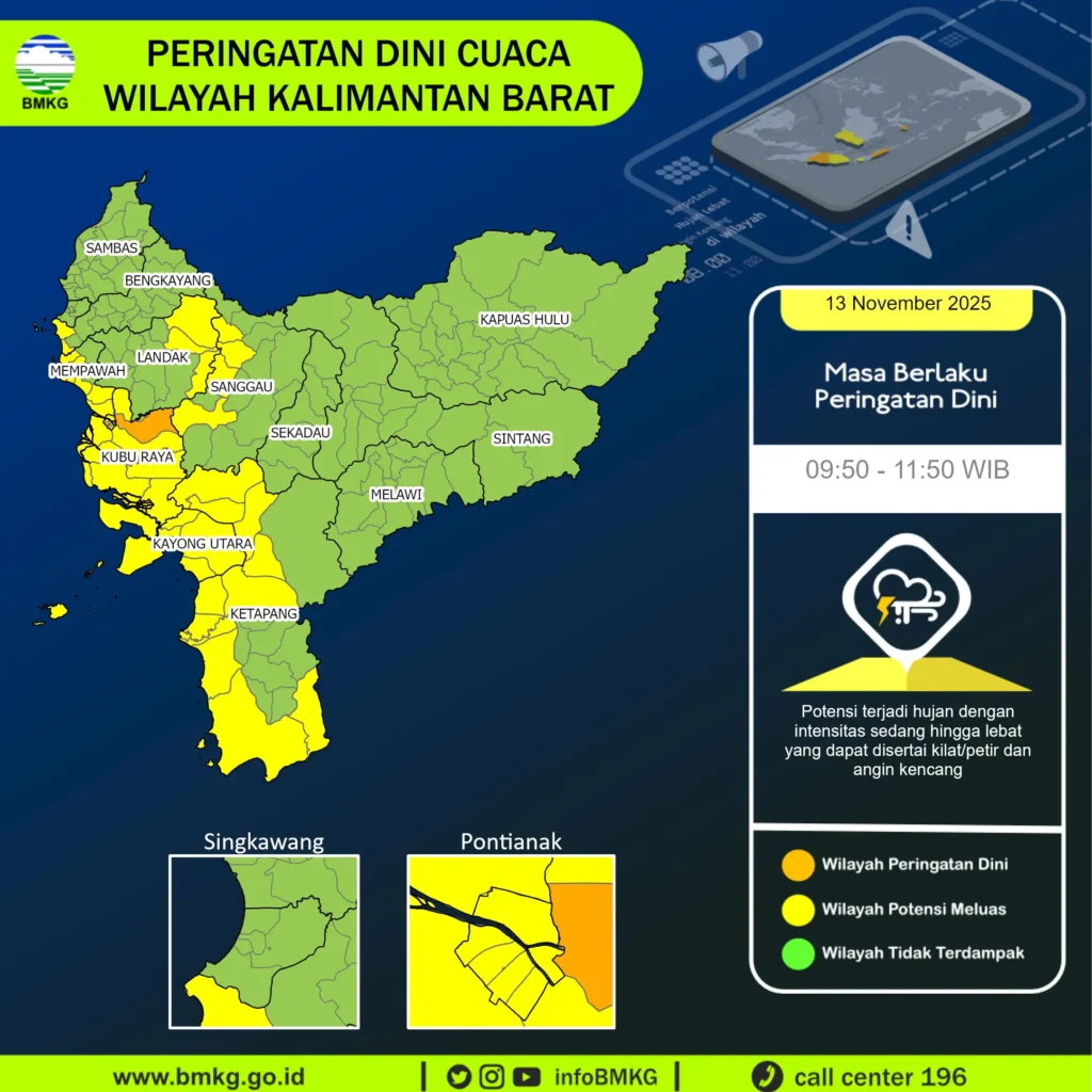 BMKG Kalbar mengingatkan masyarakat Pontianak untuk waspada hujan deras dan air pasang maksimum pada 13 November 2025. (BMKG Kalbar)