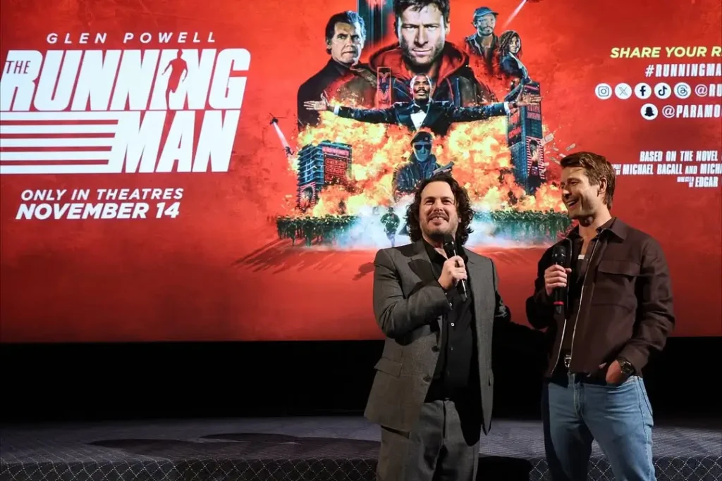Glenn Powell dan Edgar Wright dalam promosi film The Running Man 2025. (instagram.com/runningmanmovie)