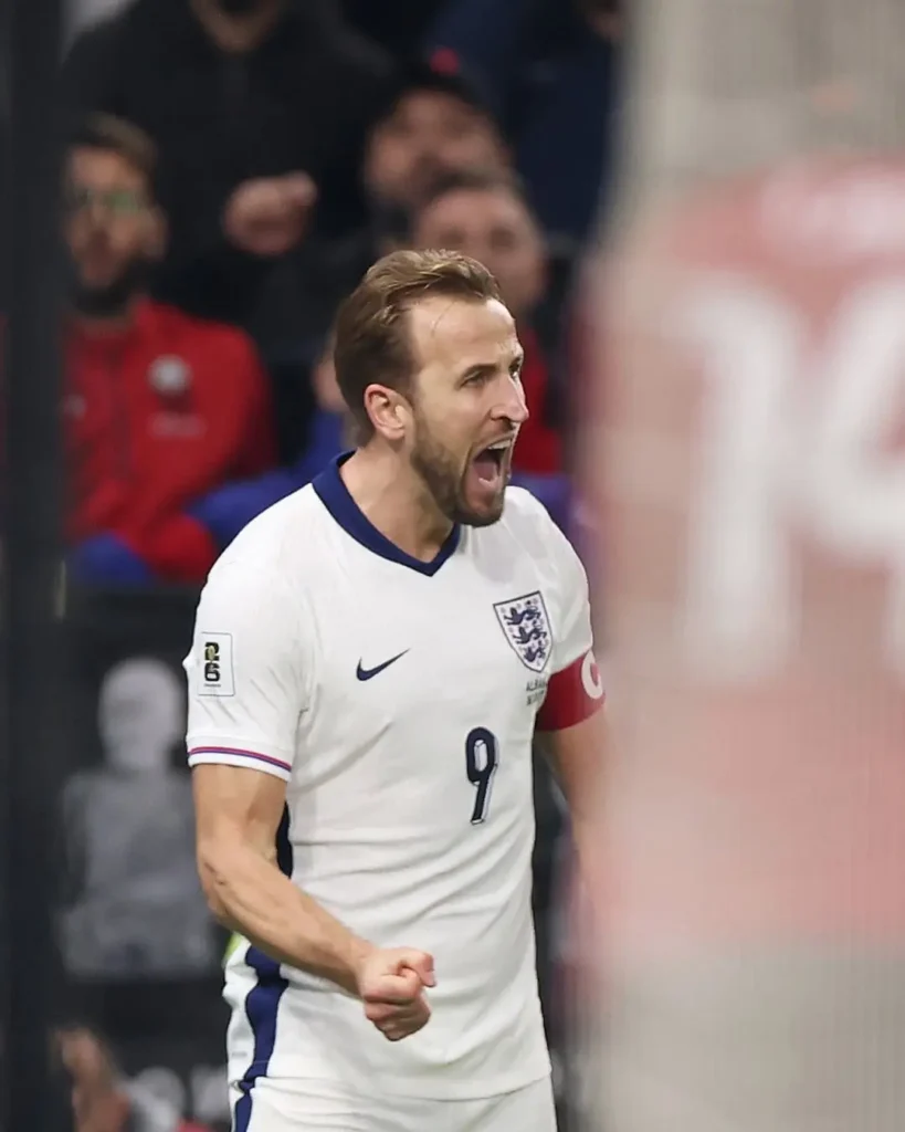 Harry Kane merayakan gol ke gawang Albania pada laga Kualifikasi Piala Dunia 2026. (instagram.com/harrykane)