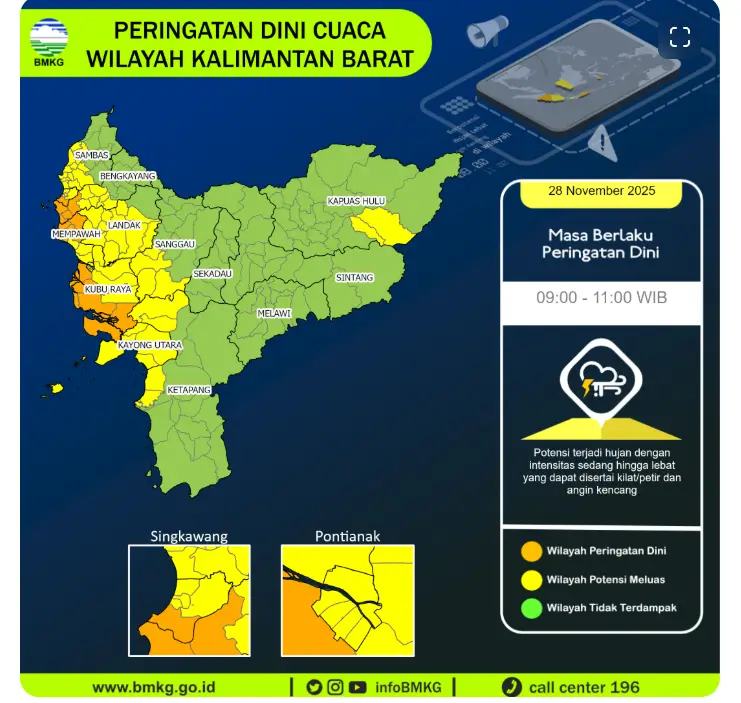 Peta prakiraan cuaca ekstrem Kalimantan Barat yang menunjukkan wilayah terdampak hujan lebat, angin kencang, serta gelombang tinggi.