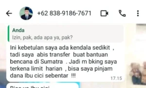 Tangkapan layar dari pesan WhatsApp yang beredar dengan modus penipuan mencatut nama Sekda Kota Pontianak Amirullah.