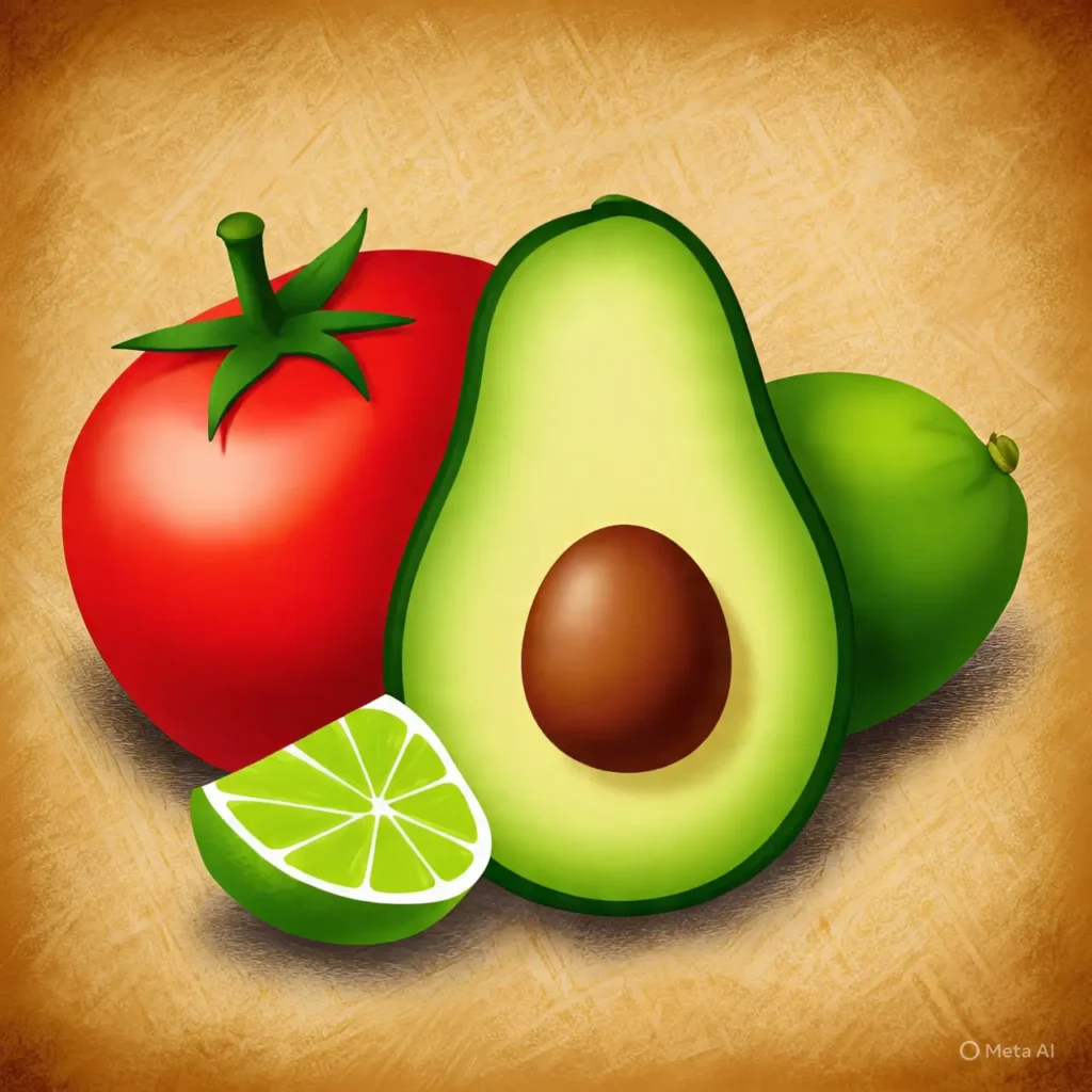 Ilustrasi buah alpukat, tomat, dan jeruk nipis sebagai makanan alami penurun kolesterol.