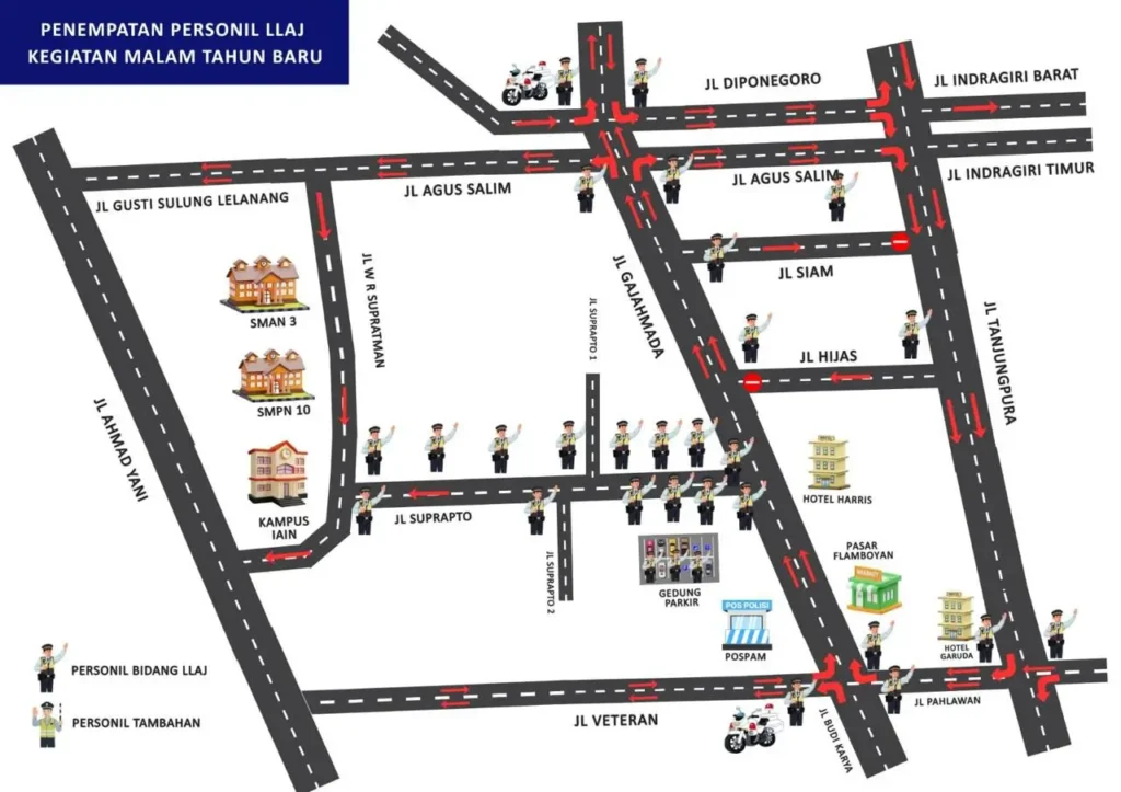 Layout rekayasa lalu lintas yang akan diterapkan pada malam pergantian tahun di Kota Pontianak.
