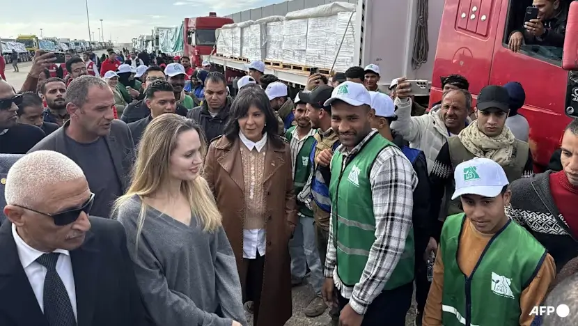 Angelina Jolie meninjau aktivitas bantuan kemanusiaan di perbatasan Rafah, Mesir. (AFP)