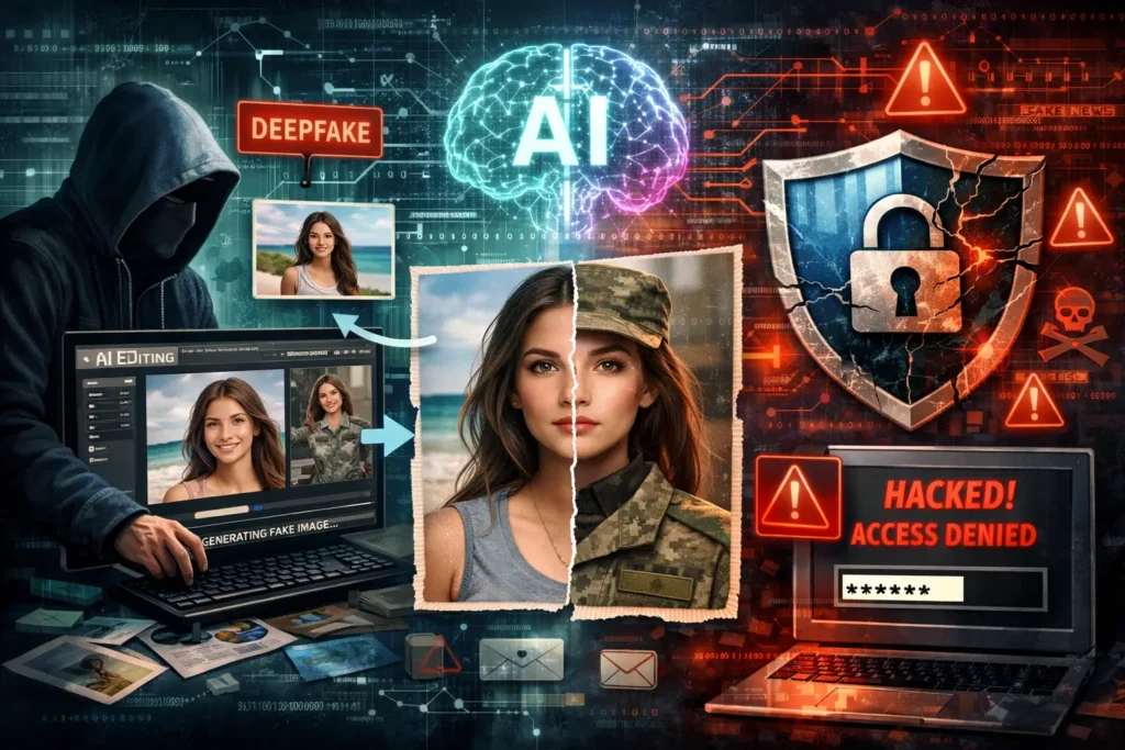 Ilustrasi ancaman manipulasi foto berbasis kecerdasan buatan terhadap keamanan digital.