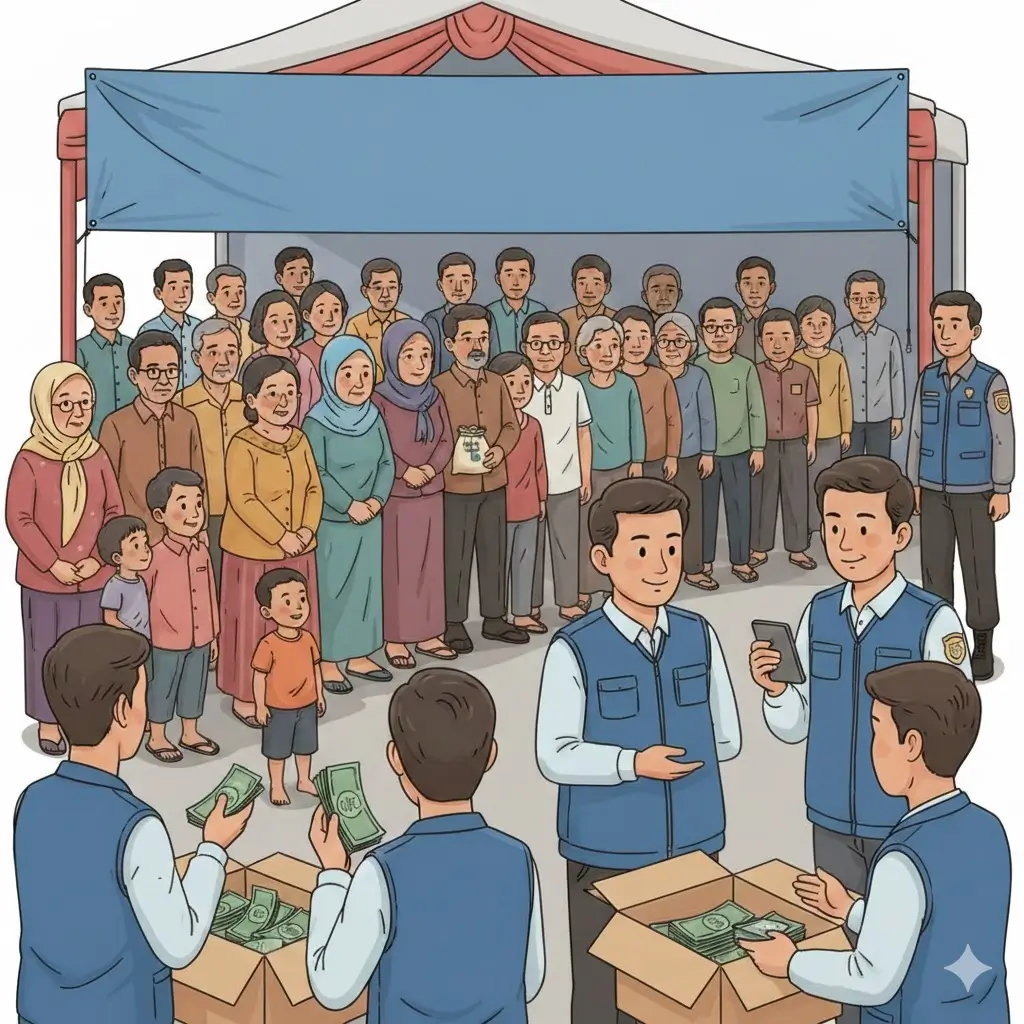 Ilustrasi - Penyaluran bansos dan BLT pemerintah kepada masyarakat penerima manfaat pada awal tahun 2026. (Foto AIgemini)
