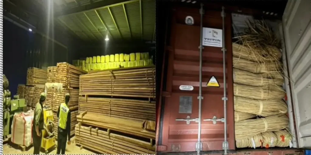 Petugas Polisi Sarawak memperlihatkan barang bukti penyelundupan asal Indonesia senilai RM1,4 juta yang disita dalam operasi di Bau