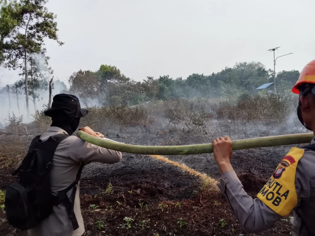 Personel Satbrimob Polda Kalbar memadamkan kebakaran lahan gambut di Kubu Raya. (Dok. Polda Kalbar)