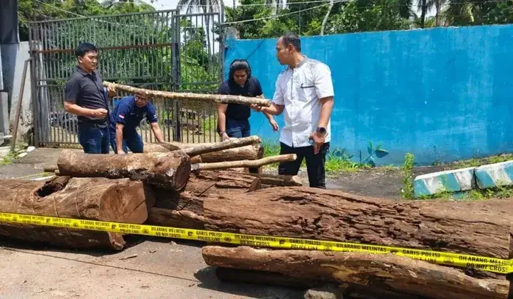 Petugas mengamankan barang bukti kayu hasil pembalakan liar di kawasan TNGC Kuningan. (Dok. Humas Polri)