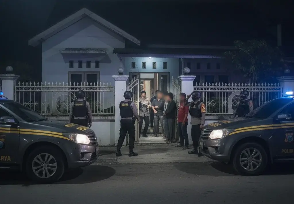 Polisi menggerebek rumah penampungan PMI ilegal di Desa Kapur, Kubu Raya, Kalimantan Barat. (tbnewspolreskuburaya.id)