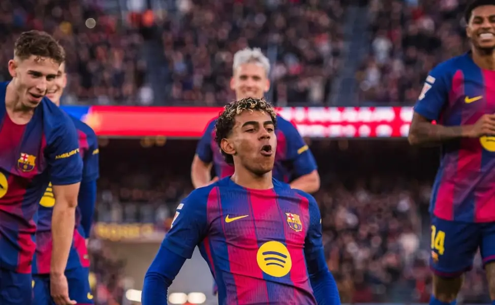 Pemain Barcelona merayakan gol ke gawang Mallorca pada laga LaLiga di Estadi Olímpic.