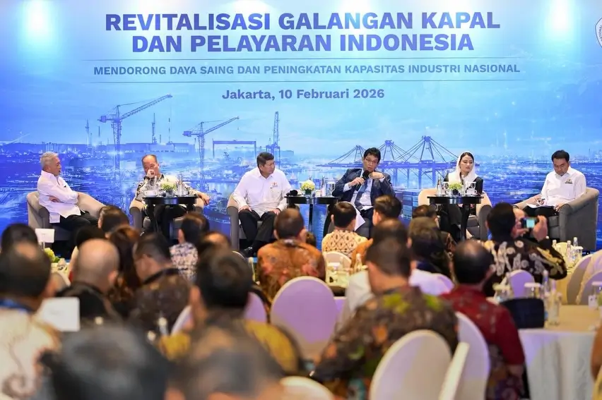 Menkeu Purbaya Yudhi Sadewa saat menghadiri FGD KADIN membahas penguatan industri galangan kapal nasional di Jakarta.