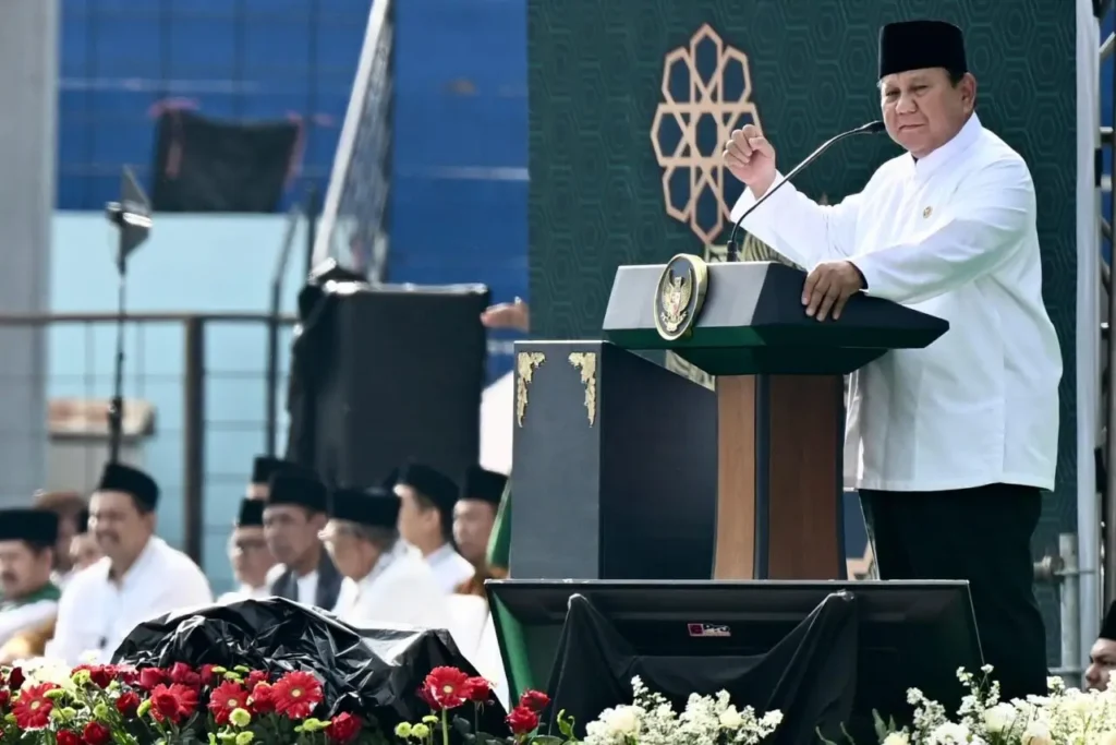 Presiden Prabowo Subianto menyampaikan pidato tentang rencana pembangunan Kampung Haji Indonesia di Makkah saat Mujahadah Kubro NU di Malang, Minggu (8/2/2026).