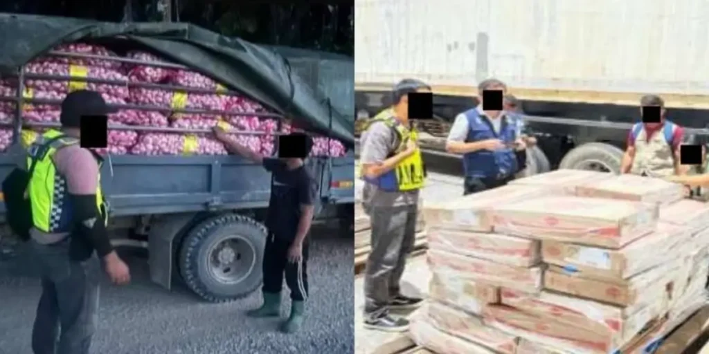 Petugas Pasukan Gerakan Am Sarawak memperlihatkan barang bukti hasil sitaan operasi pemberantasan penyelundupan ilegal.