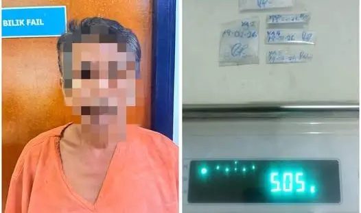 Polisi Semporna menunjukkan tersangka serta barang bukti sabu seberat 5,05 gram.