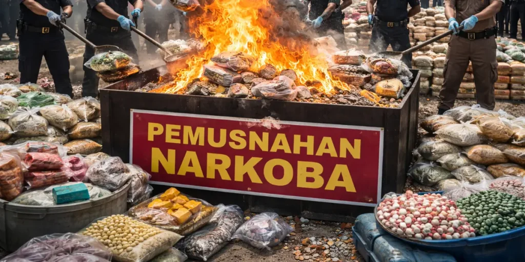 Ilustrasi aparat kepolisian memusnahkan barang bukti narkotika