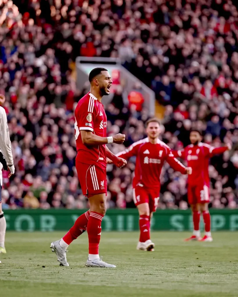Pemain Liverpool, Cody Gakpo merayakan gol ke gawang West Ham dalam laga Premier League di Anfield dengan skor akhir 5-2.