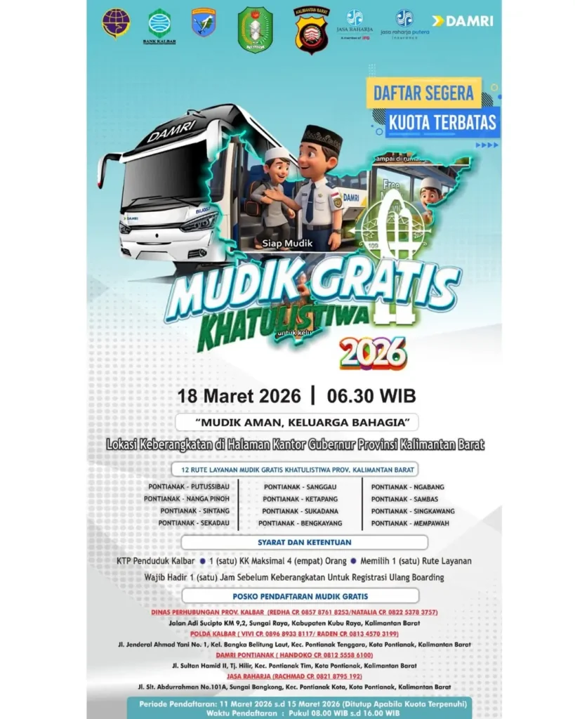 Poster informasi program Mudik Gratis Khatulistiwa 2026 dari Pemprov Kalbar yang memuat jadwal keberangkatan, rute perjalanan, dan syarat pendaftaran bagi masyarakat Kalimantan Barat.