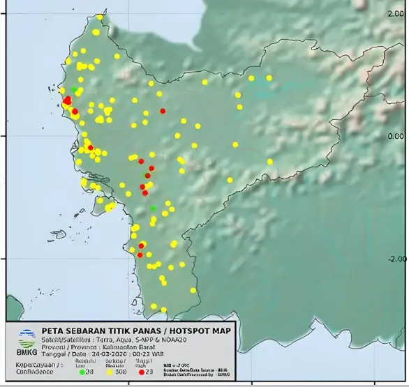 Peta sebaran titik panas di Kalimantan Barat saat risiko karhutla meningkat akibat cuaca kering.