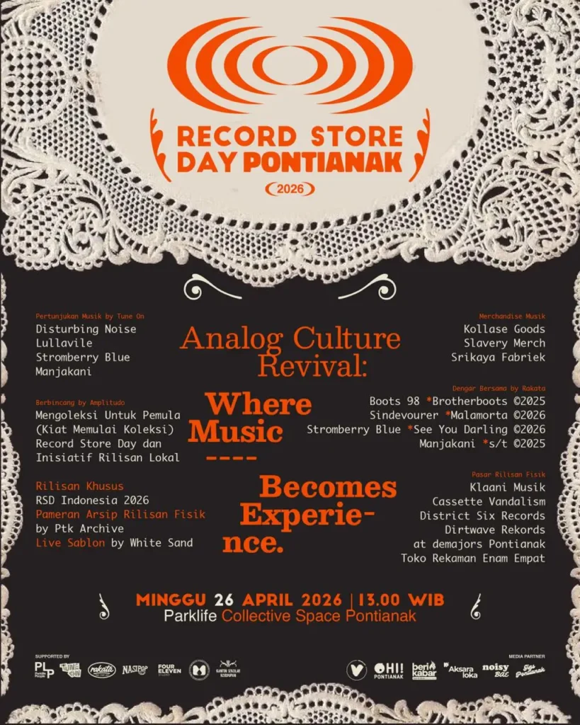 Poster Record Store Day Pontianak 2026 dengan tema Analog Culture Revival di Parklife Collective Space, menampilkan informasi pasar musik, diskusi, arsip, dan pertunjukan musik