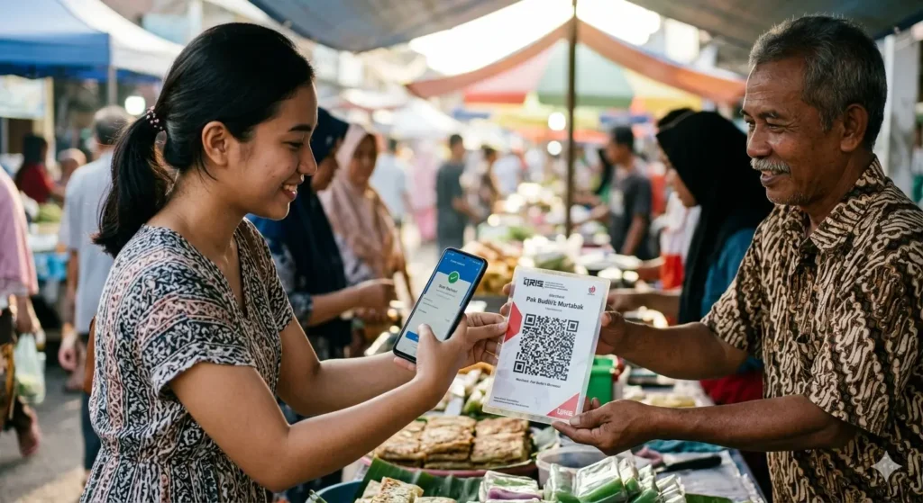 Ilustrasi pembayaran digital menggunakan QRIS melalui smartphone.