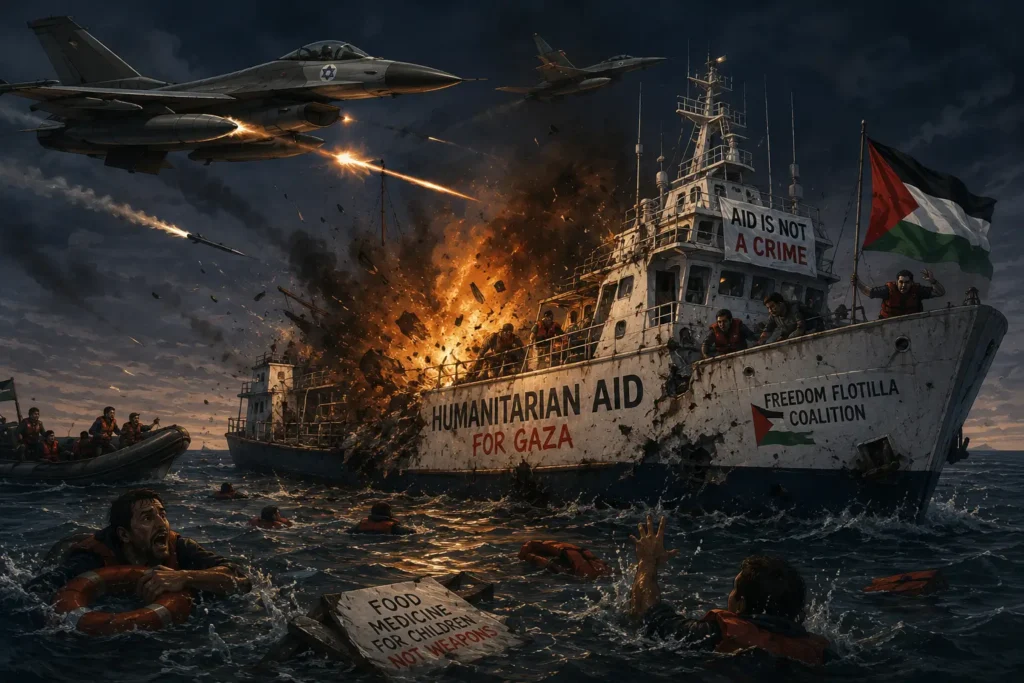 Ilustrasi kapal misi kemanusiaan Global Sumud Flotilla yang dicegat di perairan Laut Mediterania.