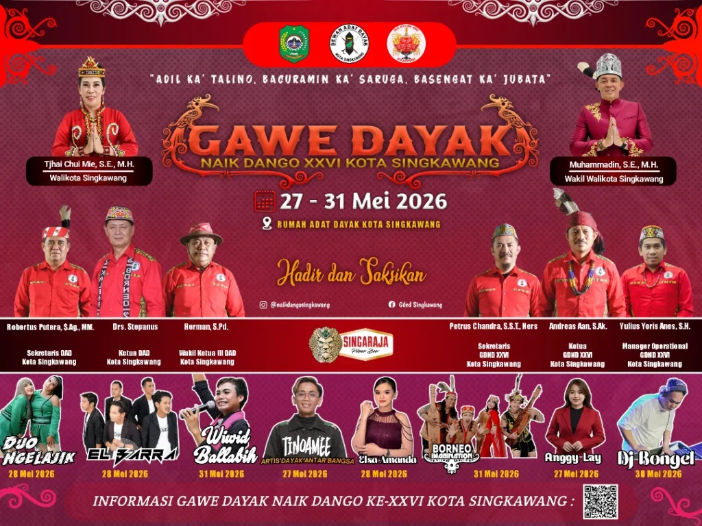 Gawe Dayak Naik Dango XXVI di Rumah Adat Dayak Kota Singkawang yang akan dimeriahkan karnaval budaya dan hiburan rakyat.