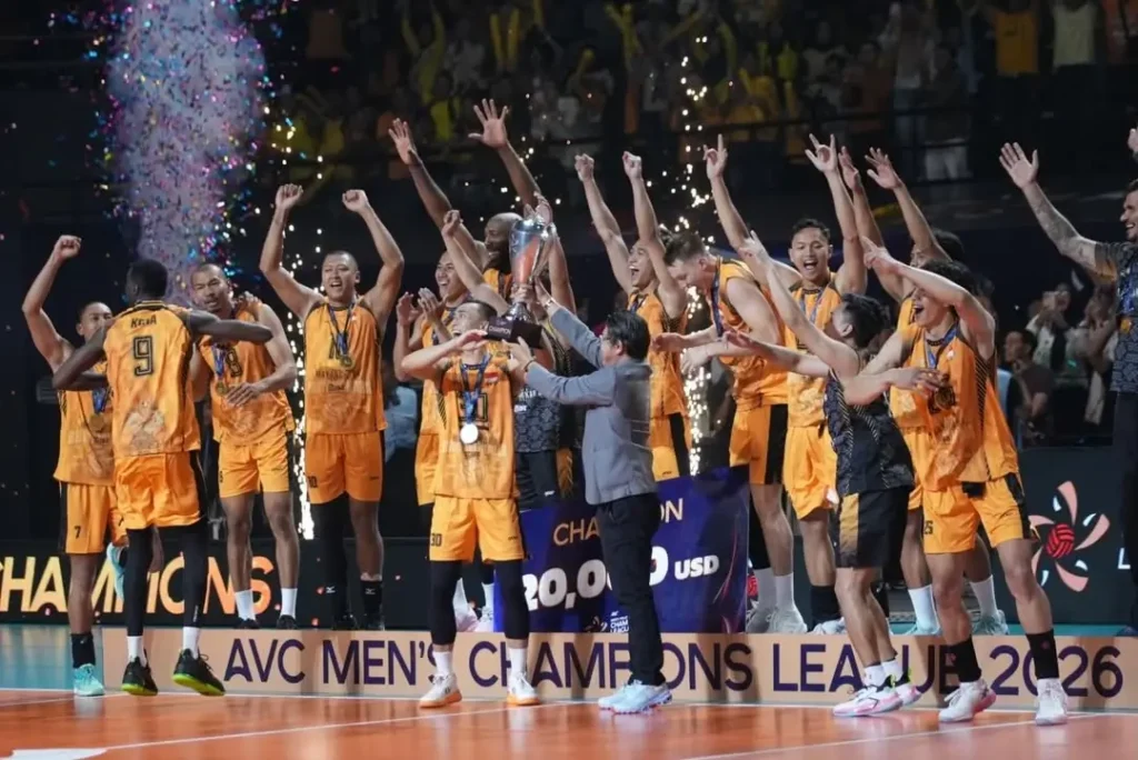 Jakarta Bhayangkara Presisi merayakan kemenangan usai menjadi juara AVC Men’s Volleyball Championship 2026 di Pontianak.