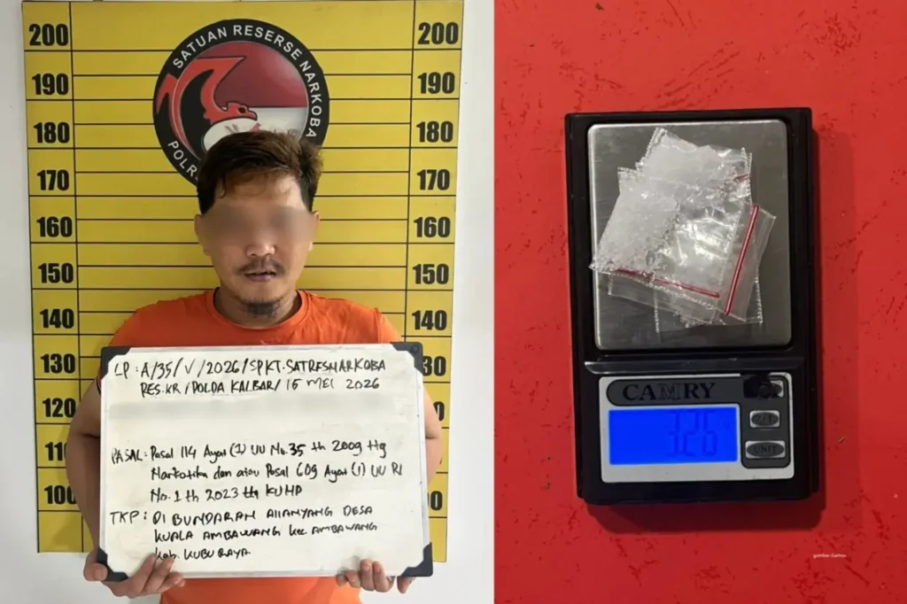 Tim Labubu Satres Narkoba Polres Kubu Raya mengamankan pengedar sabu di kawasan Bundaran Aliayang, Kubu Raya.