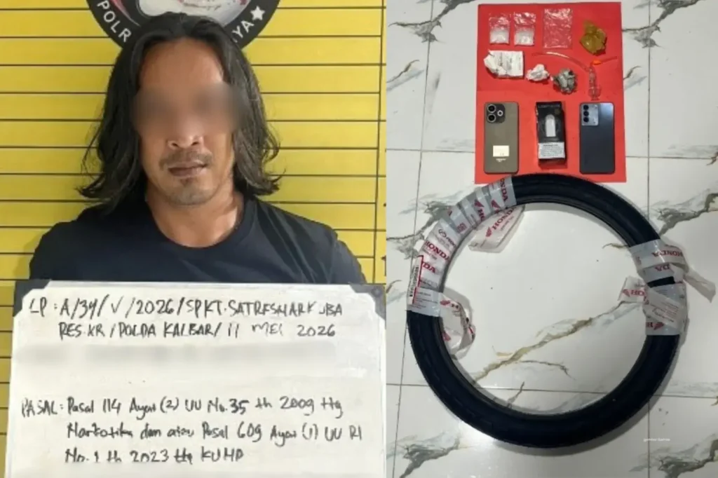 Petugas Satresnarkoba Polres Kubu Raya menunjukkan barang bukti sabu yang disembunyikan di dalam ban sepeda motor.