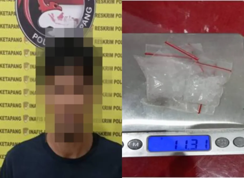 Tersangka dan bukti sabu seberat 11,31 gram hasil penggerebekan di Desa Ratu Elok Ketapang.