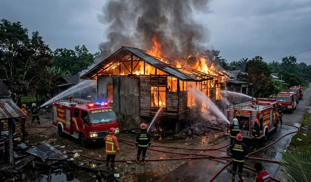 Ilustrasi - Petugas pemadam kebakaran memadamkan rumah kosong yang terbakar di Desa Pal Sembilan, Kecamatan Sungai Kakap, Kubu Raya.