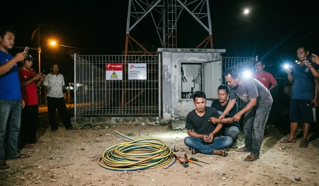 Ilustrasi - Petugas kepolisian mengamankan pelaku dugaan pencurian kabel power RRU milik Telkomsel di area Tower Protelindo, Kecamatan Sungai Raya, Kabupaten Kubu Raya.