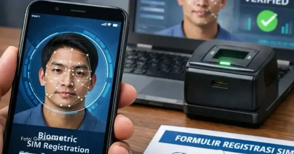 Ilustrasi registrasi kartu SIM baru menggunakan teknologi biometrik dengan pemindaian wajah di gerai operator seluler.