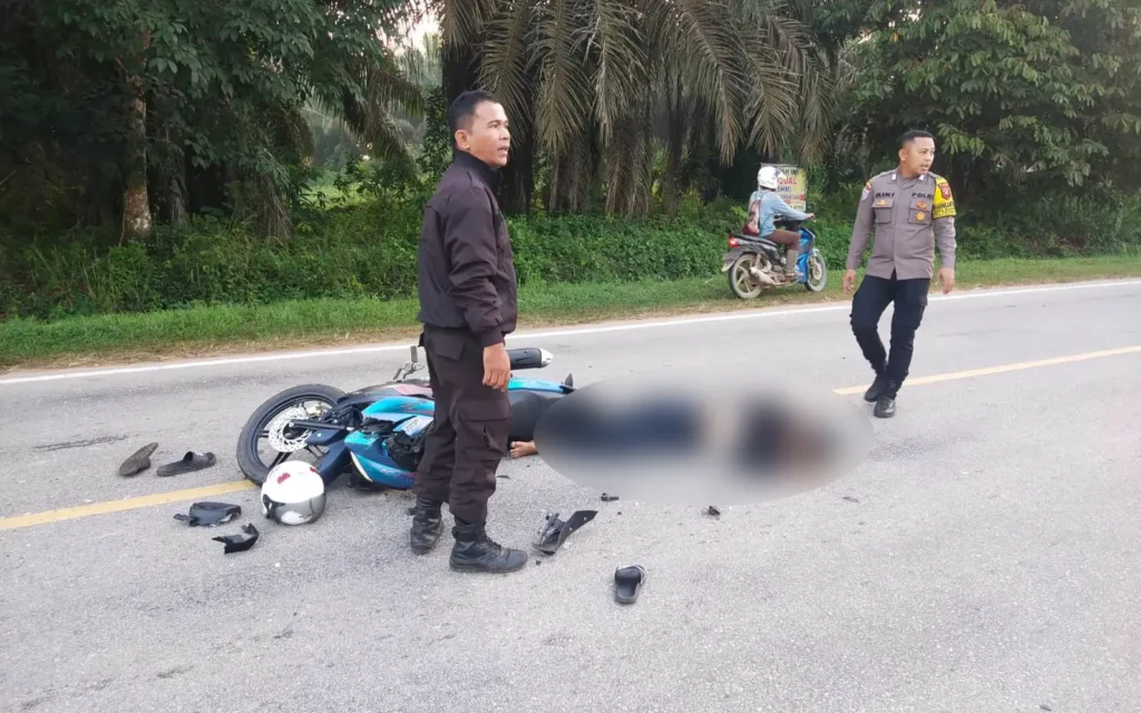 Petugas Polsek Tayan Hulu melakukan olah TKP kecelakaan maut yang melibatkan truk Mitsubishi Fuso dan sepeda motor Yamaha MX King di Jalan Raya Dusun Simpang Tanjung, Kabupaten Sanggau.