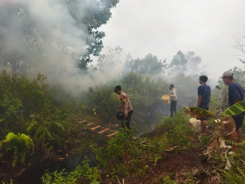 Petugas gabungan memadamkan karhutla yang nyaris merambat ke permukiman di Komplek Fajar Asri 6, Kubu Raya.