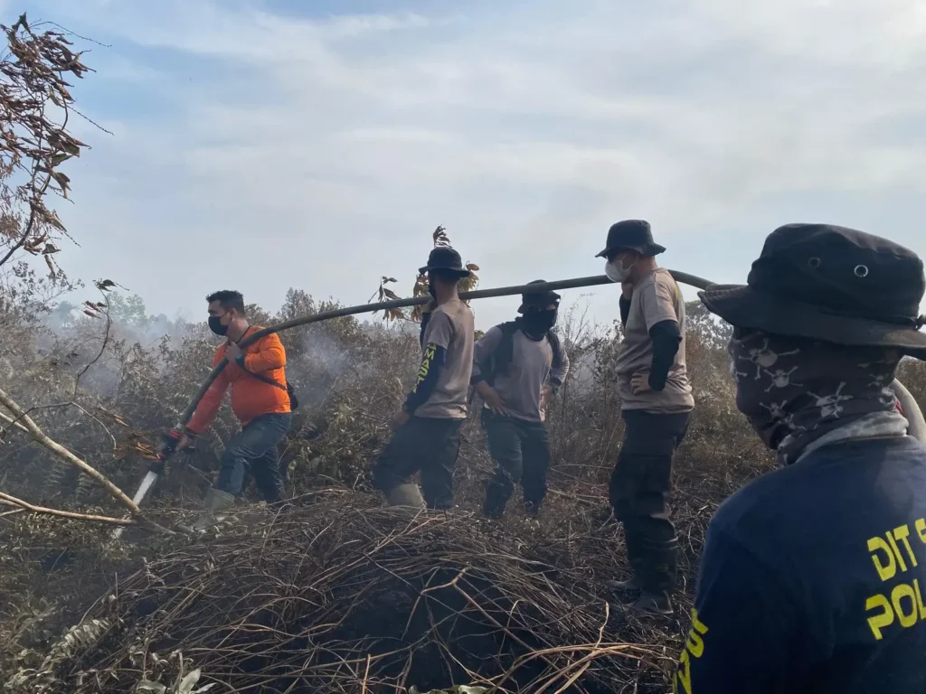 Petugas gabungan melakukan pendinginan lahan gambut pada penanganan karhutla di Kubu Raya.