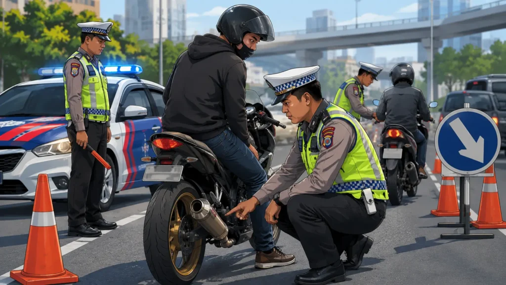 Ilustrasi razia knalpot brong di Pontianak dengan petugas Satlantas memeriksa sepeda motor pelanggar aturan lalu lintas.