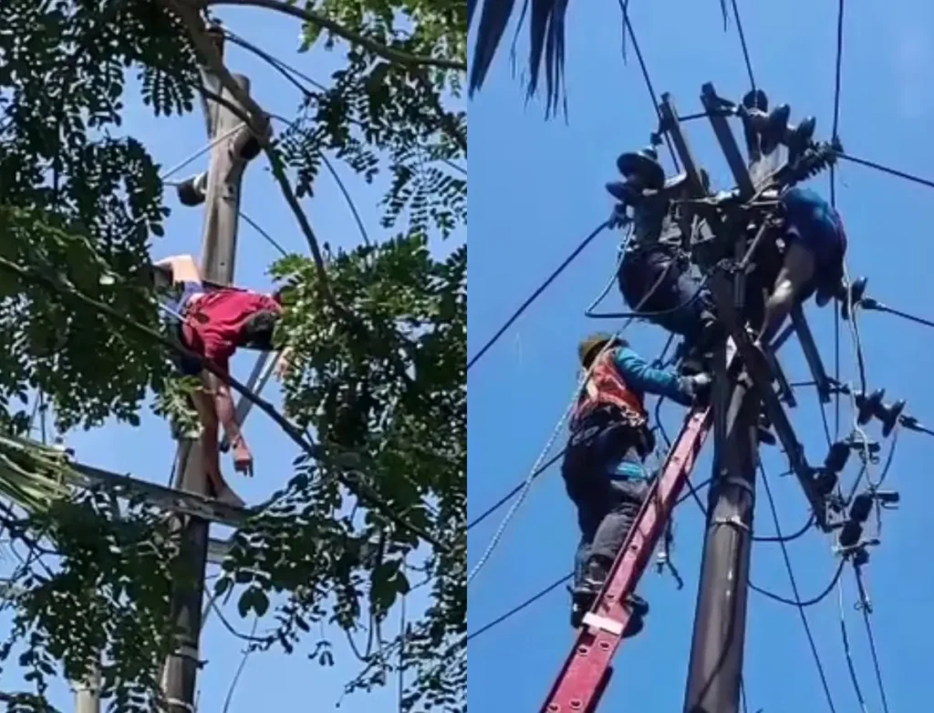 Petugas PLN mengevakuasi pria yang diduga hendak mencuri kabel setelah tersengat listrik di Jalan Purnama 2, Pontianak Selatan.
